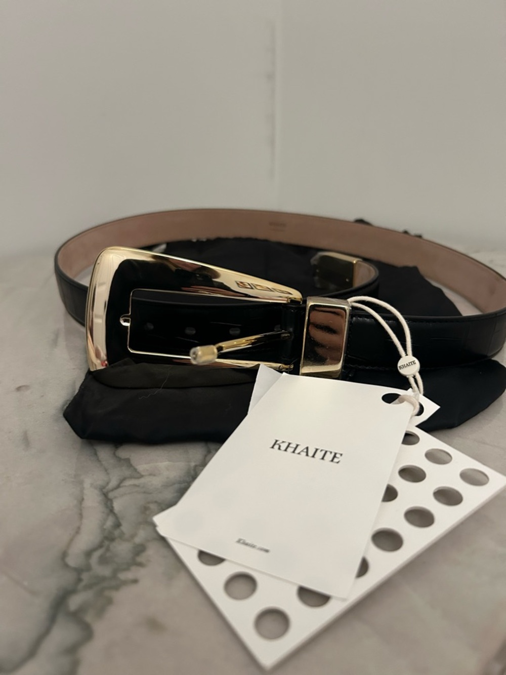 KHAITE Lucca Black Leather Belt with Gold Buckle Accent size 90